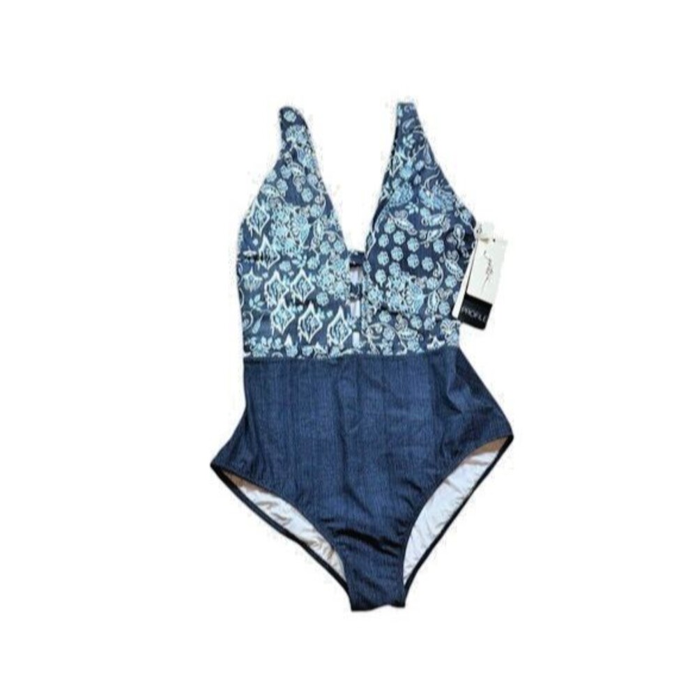 Gottex Profile Jeans Swimsuit Womens Size 12 Flores 1 PC V Neck Plunge  Denim